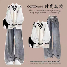 批发时尚套装#学院风针织马甲<b class='q'>背心</b>搭白色衬衫搭弛蕾丝花边设计阔腿裤