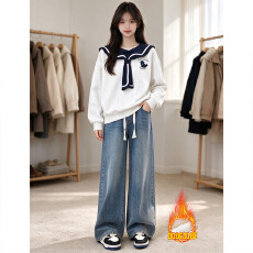 批发加绒<b class='q'>套装</b>#学院风海军领刺绣设计感卫衣搭配新款加绒弹力<b class='q'>牛仔</b>裤女