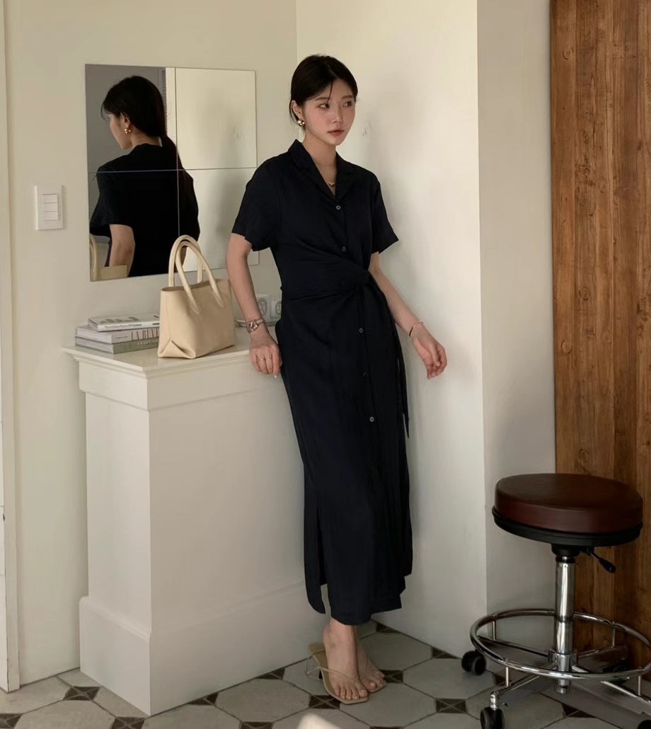 프랑스식 레트로 측면 레이스업 몸매 가꾸기 길다 단추 반팔 셔츠 드레스 3 색
