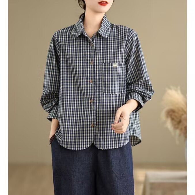 일본식 학원 스타일 패치워크 색상 체크무늬 긴팔 여성 셔츠 봄 새로운 폴로 칼라 루즈핏 연령 감소 다용도 만나는 맨위
