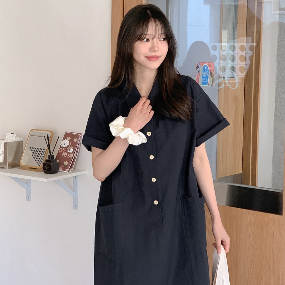 한 부서 여름 레트로 폴로 칼라 주머니 루즈핏 슬림해 보이는 캐주얼 다용도 반팔 워크웨어 치마 드레스
