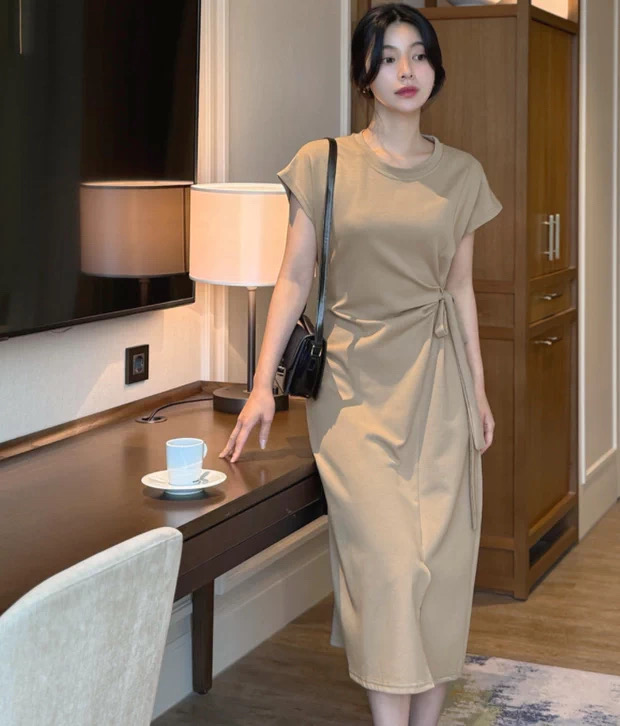 한국 chic 여성 의류 여름 우아함 품격 단색 허리 수축 레이스업 라운드 넥 반팔 드레스