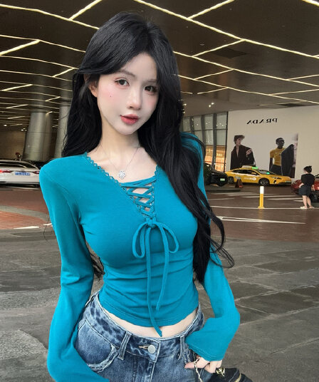 정가 순수한 욕망 핫걸 V넥 스트랩 긴팔 티셔츠 가을 겨울 몸매 가꾸기 슬림해 보이는 기본 셔츠 캐주얼 니트 맨위