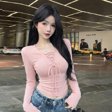 批发实价 早春纯欲辣妹V领系带长袖<b class='q'>T</b>恤衫修身显瘦打底衫休闲针织上衣