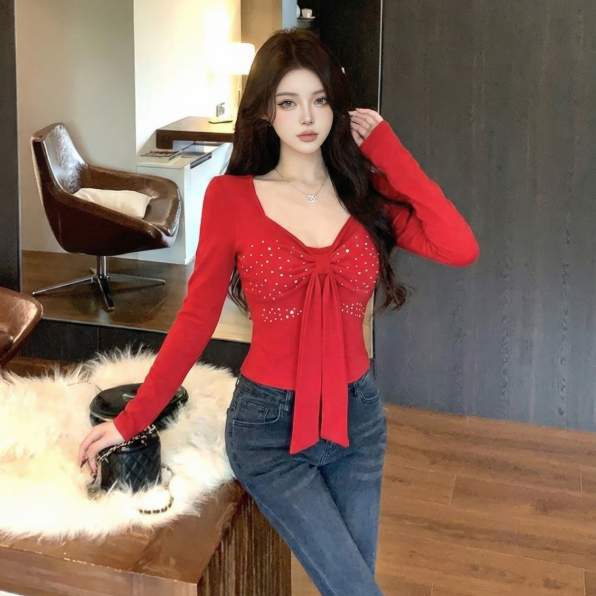 MY16310# 纯欲辣妹U领露锁骨蝴蝶结镶钻长袖T恤弹力修身显瘦打底上衣女裝貨源服裝批發