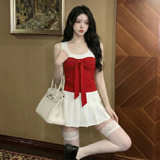 批发实价 夏季日韩<b class='q'>休闲</b>度假风无袖背心带胸垫蝴蝶结绑带拼接收腰上衣