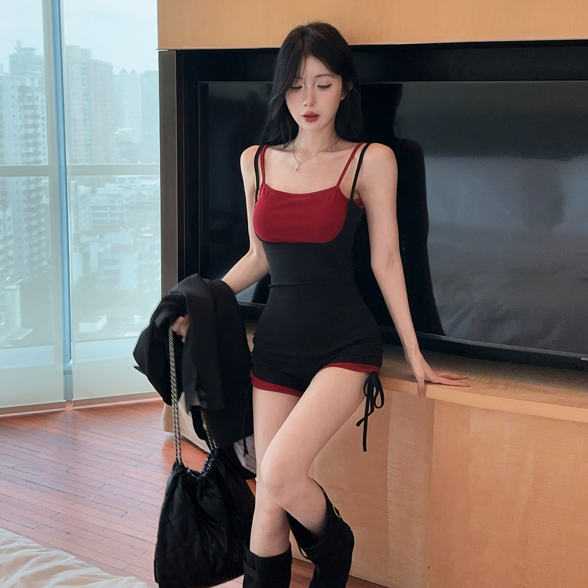정가 순수한 욕망 바람 핫걸 페이크 레이어드 슬립 올인원 의류 여름 캐주얼 휴가 스트랩 요가 운동 반바지