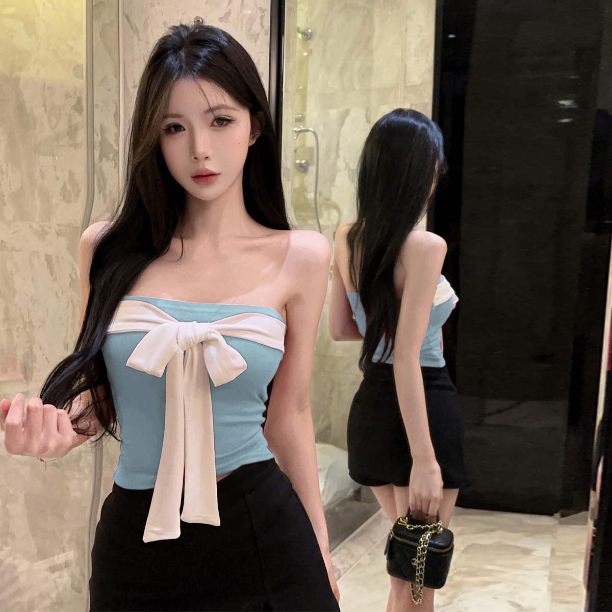 정가 섹시함 순수한 욕망 핫걸 캐주얼 휴가 튜브탑 맨위 오프숄더 행침 목 나비 매듭 스트랩 이슬 뼈의 조끼