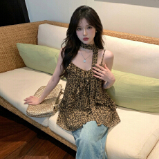 批发实价 性感纯欲辣妹豹纹吊带上衣日韩休闲度假风荷叶边显瘦背心