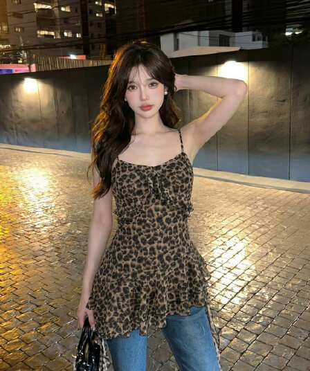 정가 섹시함 순수한 욕망 핫걸 레오파드 무늬 캐미솔 캐주얼 휴가 바람 벨트 가슴 패드 프릴 민소매 맨위
