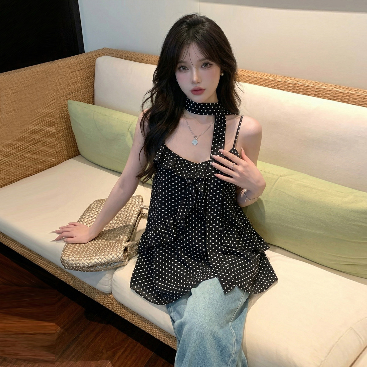 정가 섹시함 순수한 욕망 핫걸 레오파드 무늬 슬립 맨위 캐주얼 휴가 바람 프릴 슬림해 보이는 도트 무늬 조끼