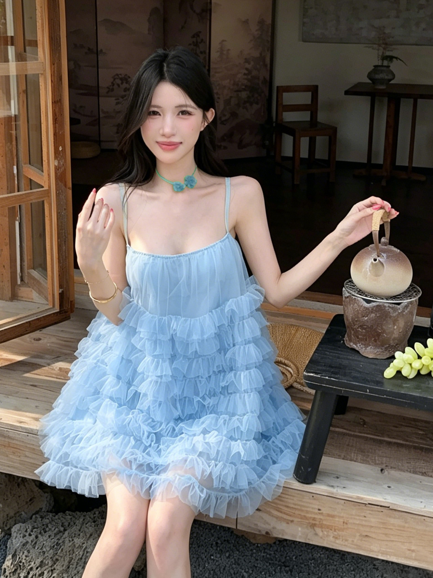 정가 캐주얼 휴가 망사 패치워크 슬립 드레스 스타일 느긋한 바람 한 마디 미니 스커트 프릴 케이크 드레스
