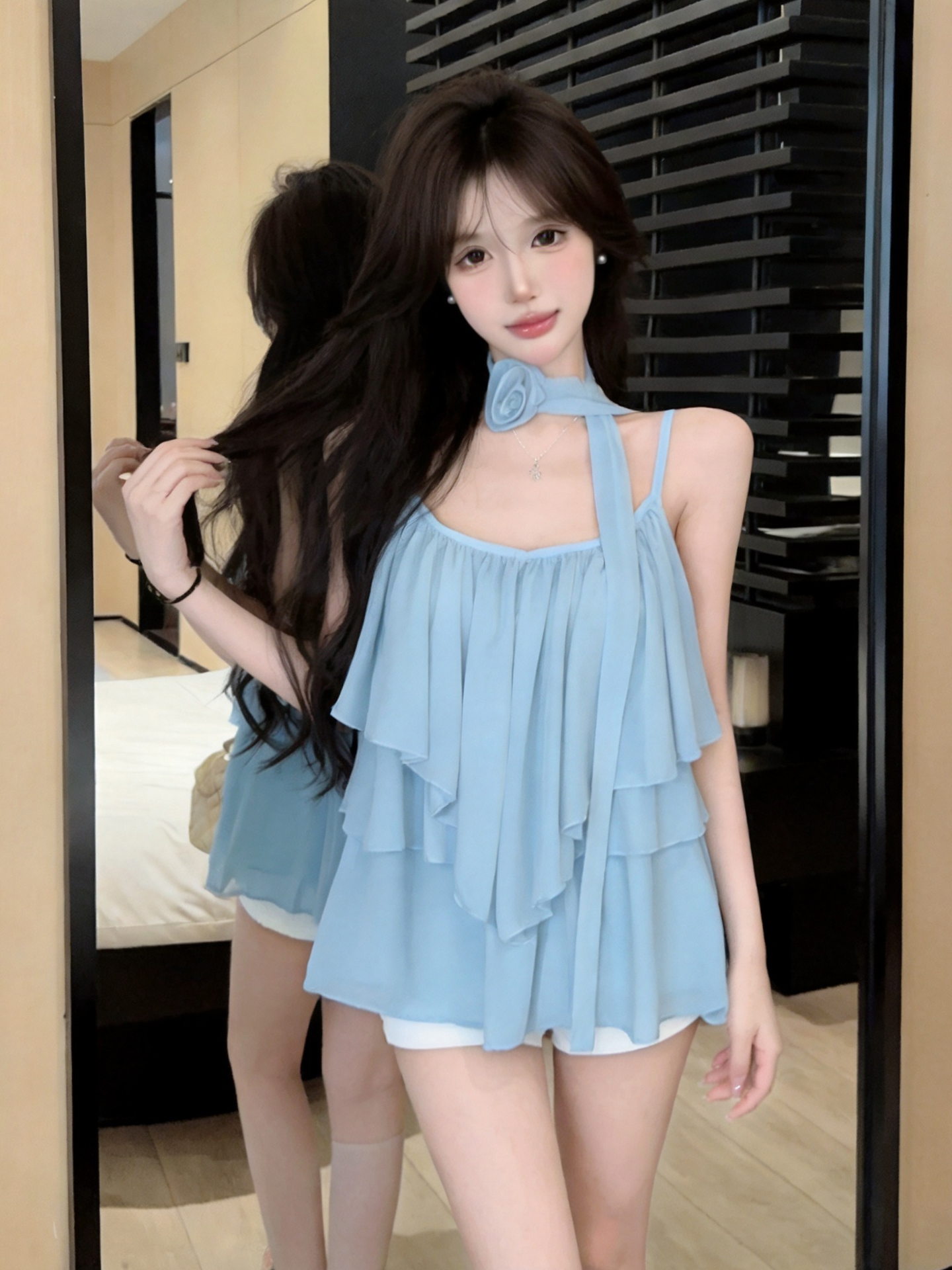 정가 순수한 욕망 핫걸 휴가 바람 슬립 맨위 섹시함 V넥 프릴 백리스 루즈핏 캐주얼 통기성 조끼