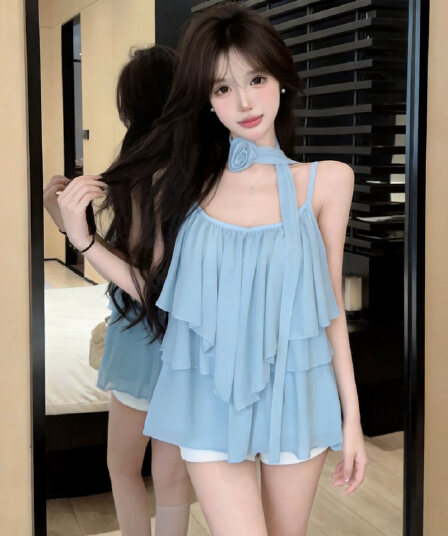 정가 순수한 욕망 핫걸 휴가 바람 슬립 맨위 섹시함 V넥 프릴 백리스 루즈핏 캐주얼 통기성 조끼