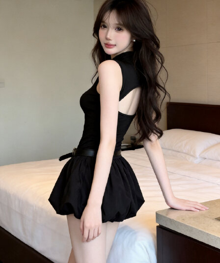 정가 섹시함 핫걸 홀로우 아웃 백리스 허리 수축 민소매 퍼프 스커트 캐주얼 휴가 꽃밭 미니 스커트 조끼 원피스