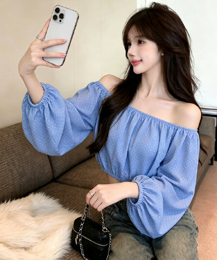 실사 섹시함 순수한 욕망 핫걸 보트넥 오프숄더 레오파드 무늬 쉬폰 블라우스 쇼트 스타일 이슬 뼈의 벌룬 소매 도트 무늬 맨위