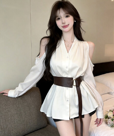 정가 순수한 욕망 핫걸 섹시함 홀로우 아웃 오프숄더 긴팔 셔츠 프랑스식 V넥 루즈핏 허리 수축 슬림해 보이는 셔츠 맨위
