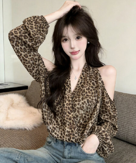 정가 섹시함 순수한 욕망 핫걸 홀로우 아웃 오프숄더 V넥 긴팔 레오파드 무늬 쉬폰 블라우스 티셔츠 벌룬 소매 허리 수축 맨위