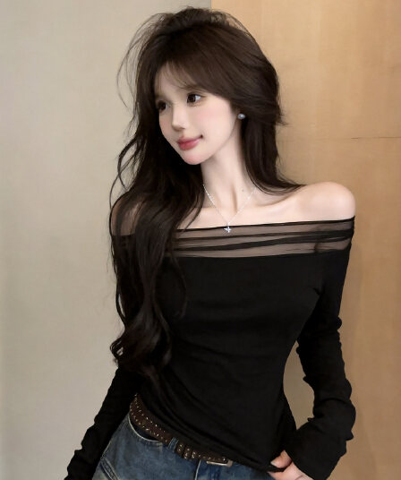 정가 섹시함 순수한 욕망 핫걸 보트넥 오프숄더 긴팔 티셔츠 허리 수축 디스플레이 몸 망사 패치워크 만나는 맨위