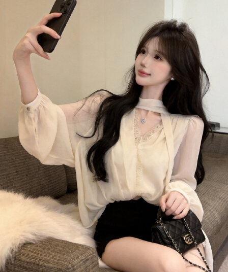 정가 섹시함 순수한 욕망 핫걸 휴가 바람 레이스 레이스 V넥 쉬폰 블라우스 거품 소매 허리 수축 박쥐 셔츠 맨위