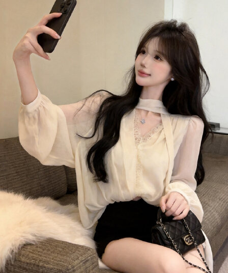 정가 섹시함 순수한 욕망 핫걸 휴가 바람 레이스 레이스 V넥 쉬폰 블라우스 거품 소매 허리 수축 박쥐 셔츠 맨위