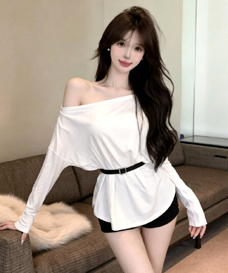 정가 섹시함 순수한 욕망 핫걸 비스듬한 어깨 이슬 쇄골 박쥐 셔츠 느긋한 바람 루즈핏 지방 mm 슬림해 보이는 티셔츠 맨위