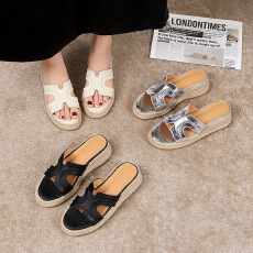 批发法式复古编织坡跟厚底一字H拖鞋女舒适百搭凉拖外穿沙滩鞋