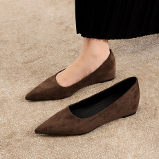 批发法式气质尖头单鞋女平底浅口绒面内增高休闲简约通勤工作飘鞋