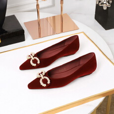 韩版气质时尚低跟女鞋尖头浅口珍珠装饰一脚蹬坡跟单鞋女