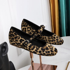 欧美风复古豹纹时尚圆头浅口一字式扣带内增高舒适高级单鞋女