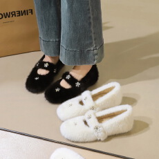 批发韩版水钻毛毛鞋女内增高豆豆鞋平底玛丽珍鞋加绒保暖棉鞋子