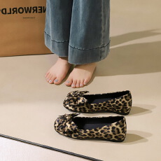 批发法式芭蕾舞风飘鞋圆头蝴蝶结豹纹绸缎一脚蹬内增高单鞋女