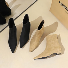 法式复古简约后拉链低跟时装靴女绒面休闲百搭尖头瘦瘦短靴