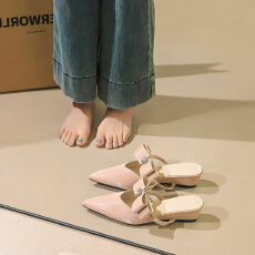 批发法式坡跟增高中跟鞋尖头包头拖<b class='q'>百搭</b>蝴蝶结水钻半拖鞋女外穿