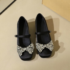 法式风甜美方头女鞋水钻蝴蝶结一字扣内增高时尚浅口单鞋女