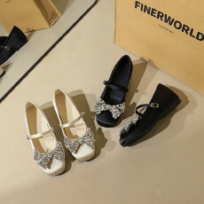 批发法式风<b class='q'>甜美</b>圆头鞋水钻蝴蝶结一字扣内增高时尚浅口单鞋女