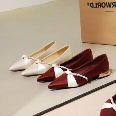 珍珠丝带红色秀禾婚鞋女绸缎粗跟低跟新娘鞋不累脚单鞋女