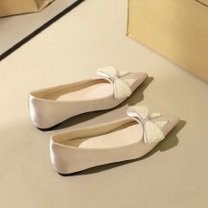 批发法式绸缎珍珠蝴蝶结装饰尖头浅口内增高时尚一脚蹬单鞋女