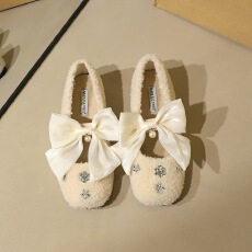 批发法式甜美加绒内增高圆头浅口羊羔绒水钻大蝴蝶结一字带单鞋