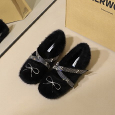 批发甜美加绒时尚水貂毛女鞋高级感水钻蝴蝶结交叉绊带圆头单鞋