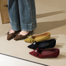 批发韩版时尚蝴蝶结水钻小花尖头浅口一脚蹬高级感绒面单鞋女