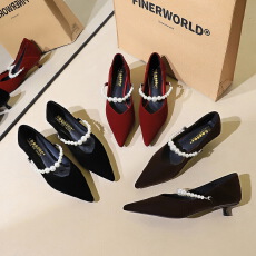 批发法式尖头玛丽珍鞋女细跟一字带珍珠百搭绒面气质小单鞋