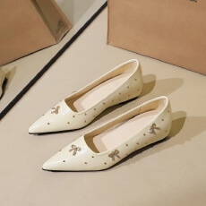 复古风法式尖头通勤女鞋浅口铆钉水钻蝴蝶结内增高气质单