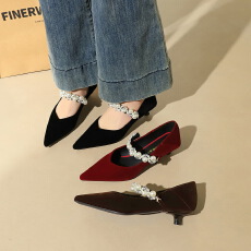 法式风尖头玛丽珍鞋女细跟水钻珍珠一字带绒面气质单鞋