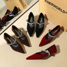 法式尖头玛丽珍女鞋细跟水钻一字带绒面气质宴会鞋单鞋