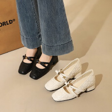 法式优雅帕纳纹金属玫瑰花蝴蝶结交叉绊带粗跟方头时尚女鞋