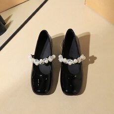 批发法式优雅内增高中跟方头浅口高级漆皮水钻装饰一字扣单鞋