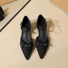 法式风一字扣内增高时尚凉鞋女蝴蝶结尖头性感蕾丝网纱女鞋