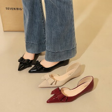 批发<b class='q'>韩版</b>尖头浅口单鞋女蝴蝶结漆皮内增高女鞋舒适侧空低跟鞋