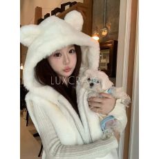 批发秋冬季新款仿獭兔毛环保<b class='q'>皮草</b>外套女小熊耳朵连帽中长款毛绒绒马甲